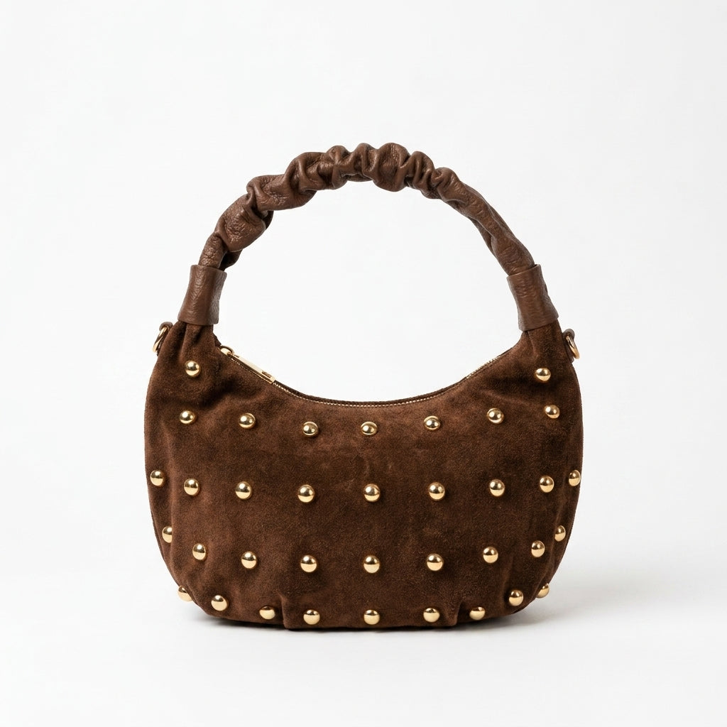 Borsa Ambra – Borsa a Mano in Camoscio Cuoio con Borchie Dorate