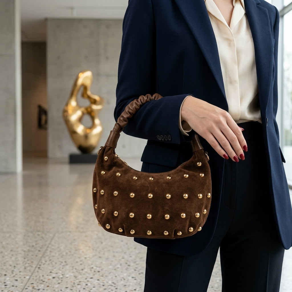 Borsa Ambra – Borsa a Mano in Camoscio Cuoio con Borchie Dorate