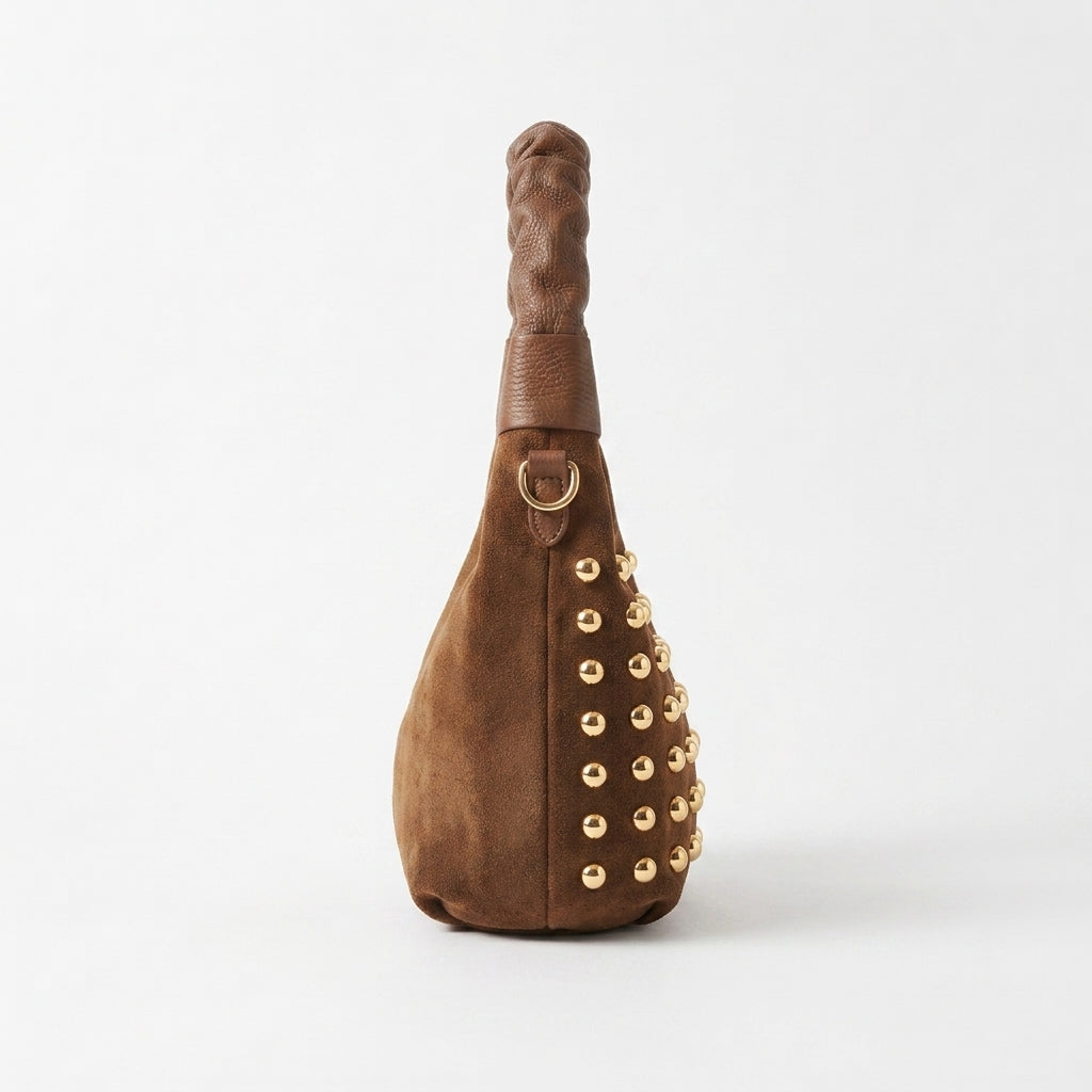 Borsa Ambra – Borsa a Mano in Camoscio Cuoio con Borchie Dorate