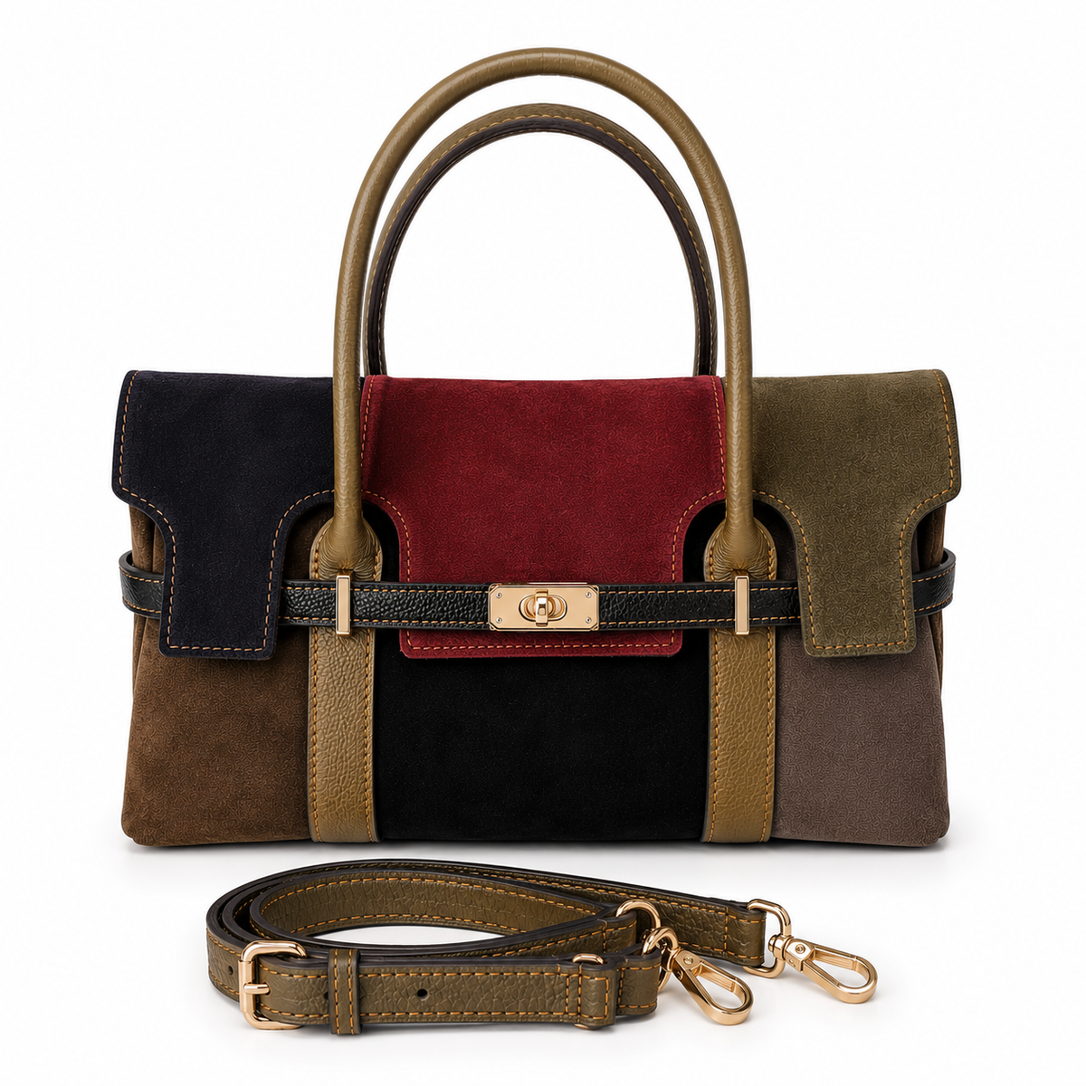 Borsa Isotta – Borsa a Mano Multicolor in Pelle e Camoscio con Tracolla
