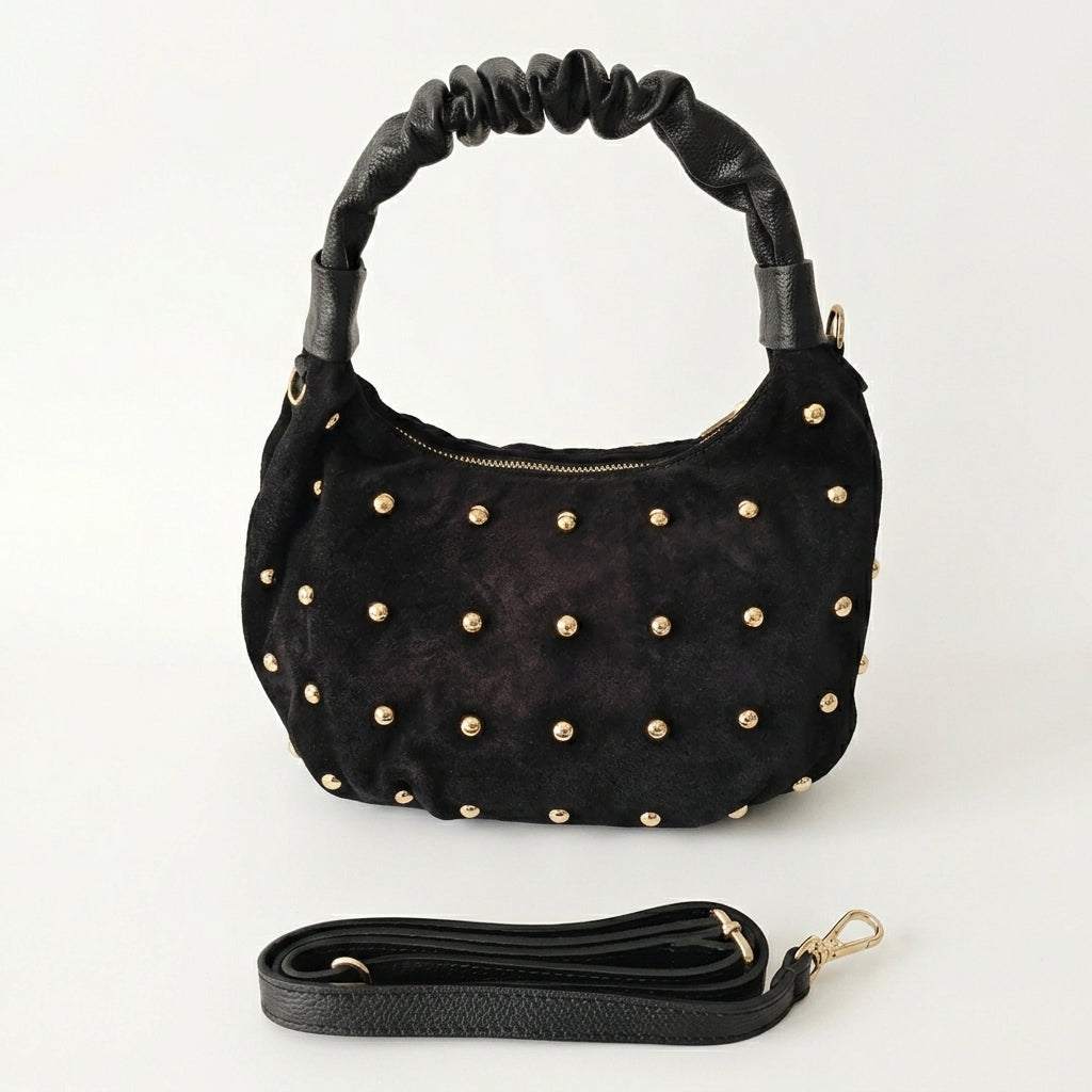 Borsa Selene – Borsa a Mano in Camoscio Nero con Borchie Dorate