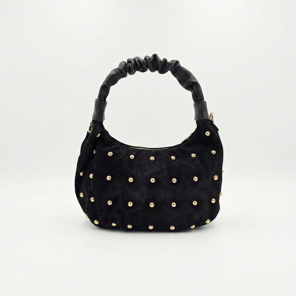 Borsa Selene – Borsa a Mano in Camoscio Nero con Borchie Dorate