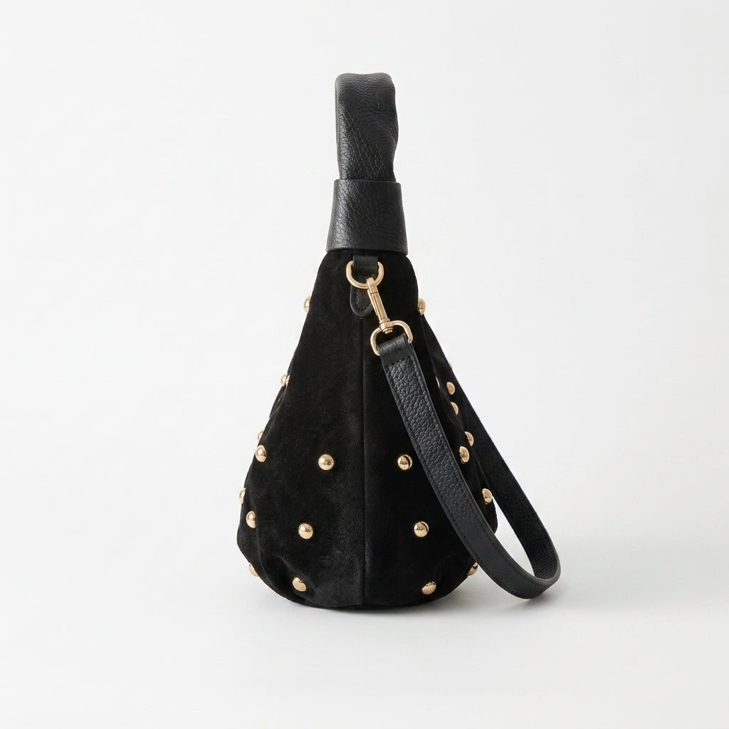Borsa Selene – Borsa a Mano in Camoscio Nero con Borchie Dorate
