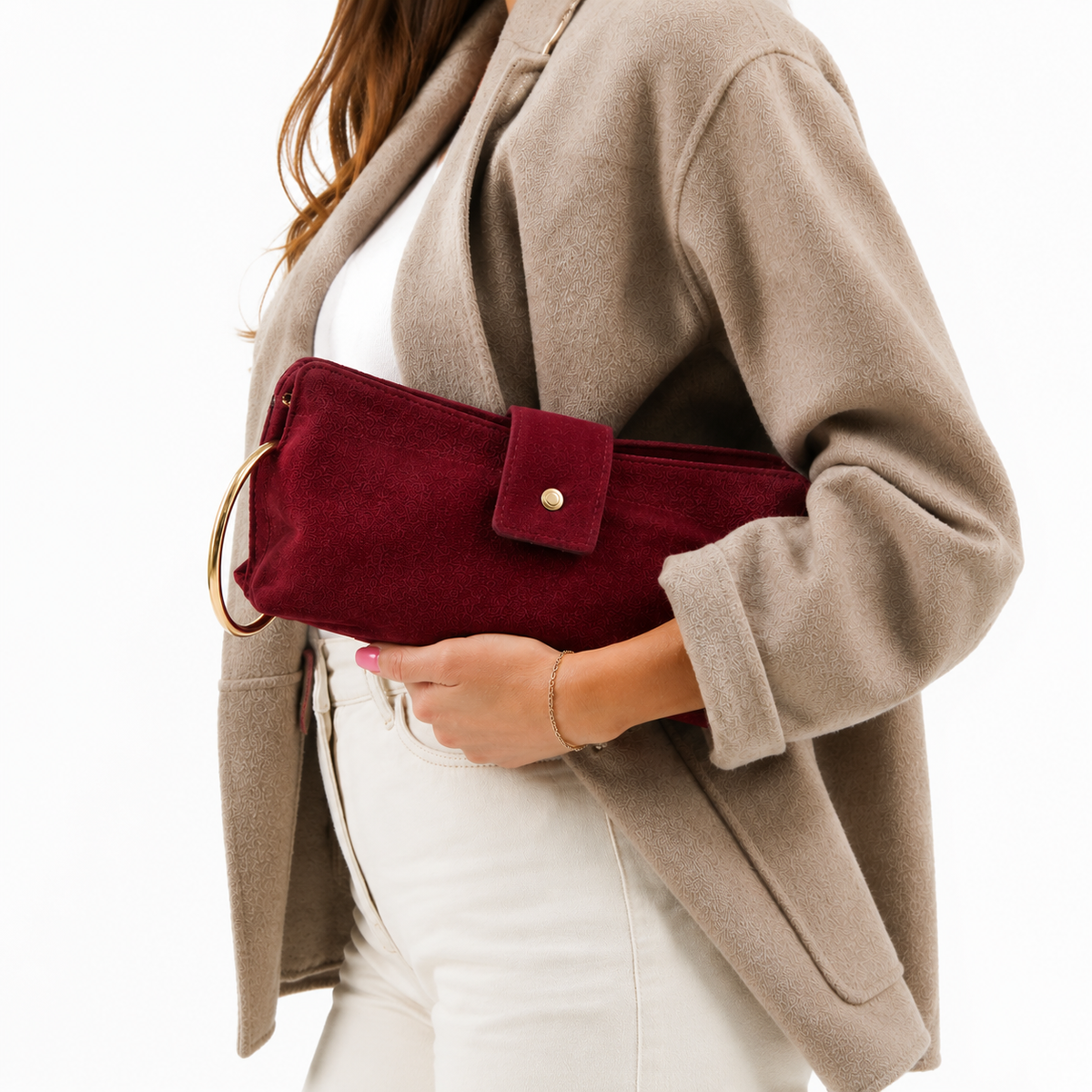 Borsa Vera – Pochette Scamosciata Bordeaux con Tracolla Removibile
