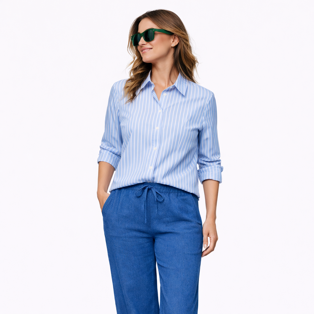 Camicia Donna a Righe Azzurre in Cotone – Made in Italy – Taglie S, M, L