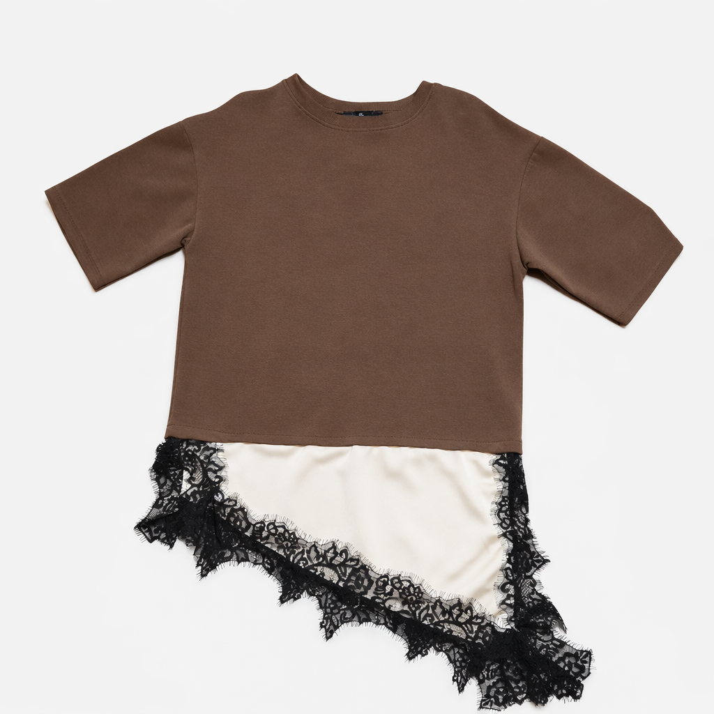 Maglia Asimmetrica in Punto Milano con Inserto in Pizzo Color Cioccolato – Taglia Unica (40-48)